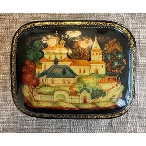 Russian Lacquer Box Kholuy Signed Gorbunov Hinged Hand Painted Village